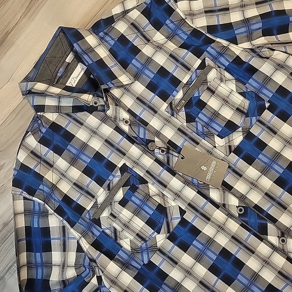 7 DIAMONDS Shirt Mens XXL Blue White Plaid Button Up Long Sleeve Flip Cuff NEW